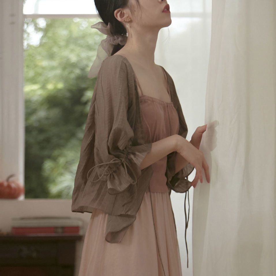 M &amp; E Set Áo Sơ Mi Voan Chống Nắng + Váy Yếm + Quần Ống Rộng Phong Cách Cổ Điển Dễ Phối Đồ Mùa Hè Cho Nữ