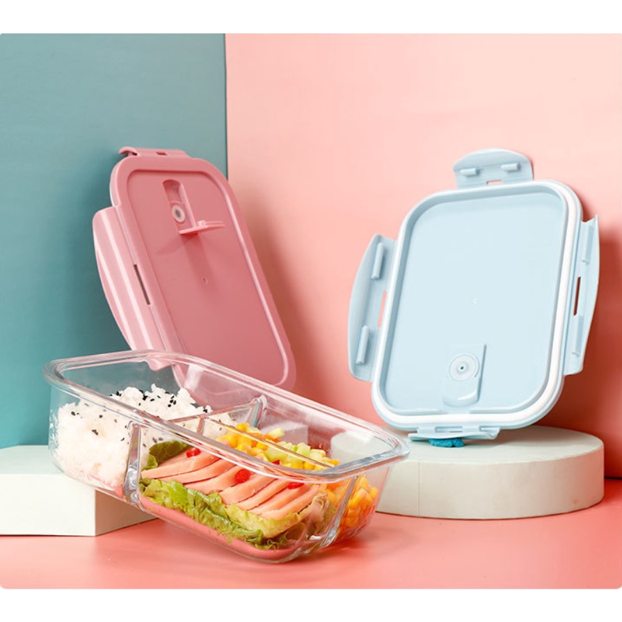 Hộp cơm thủy tinh cao cấp chia ngăn 1000ml (Không chọn màu nắp, kiểu nắp)