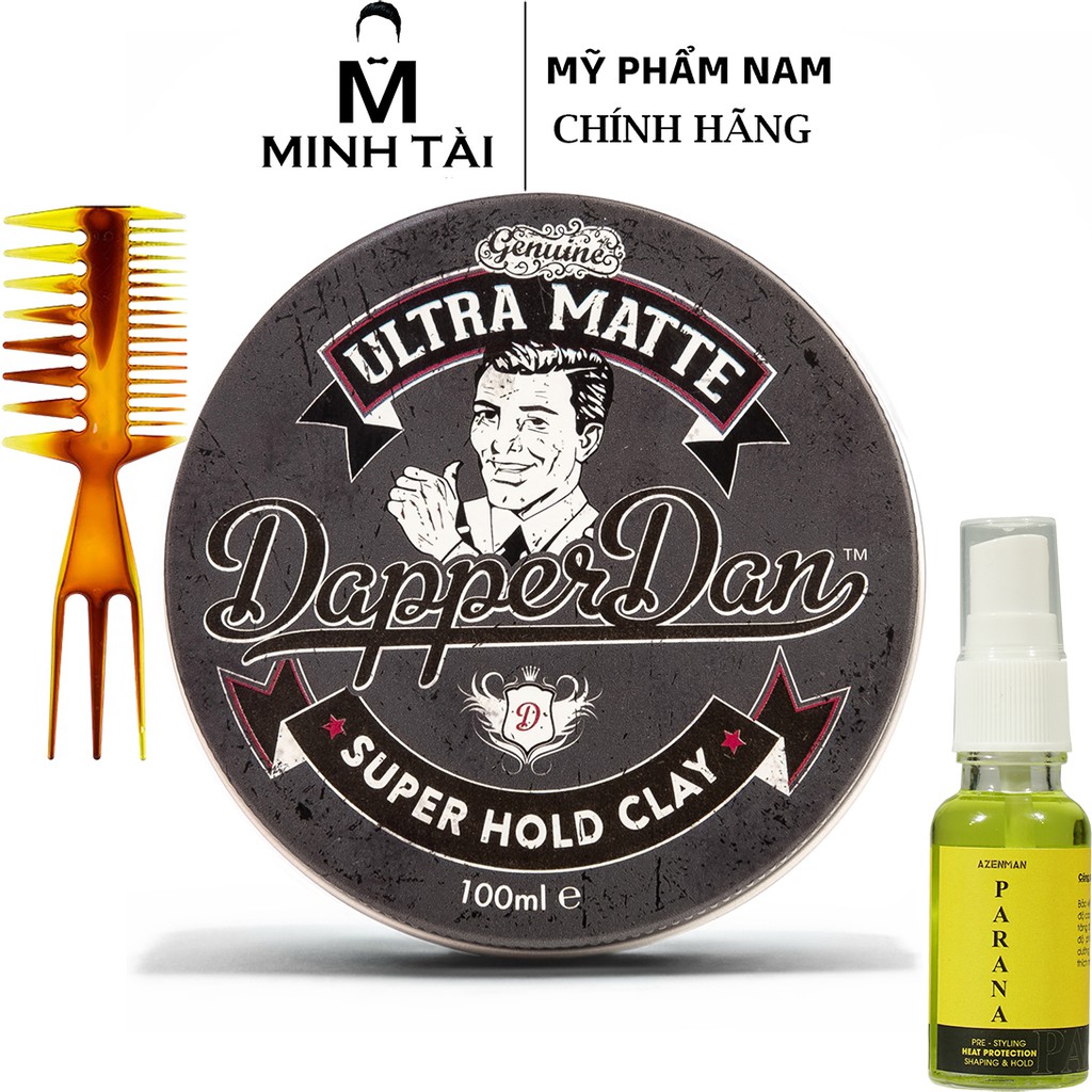 Sáp Vuốt Tóc Nam DAPPER DAN Ultra Matte Super Hold CLay 100g + Xịt Dưỡng Tóc AZENMAN Parana 20ml + Lược Chải Tóc Texture