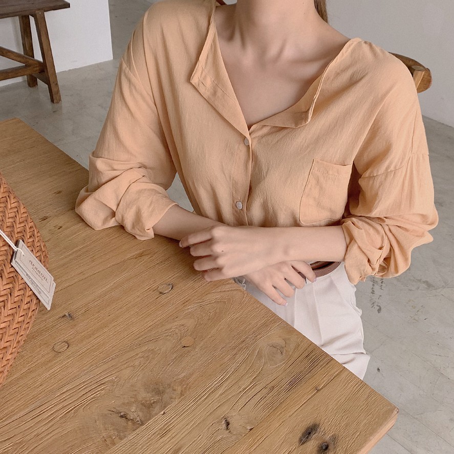 Áo Sơ Mi Cổ V Tay Phồng Màu Cam 35528