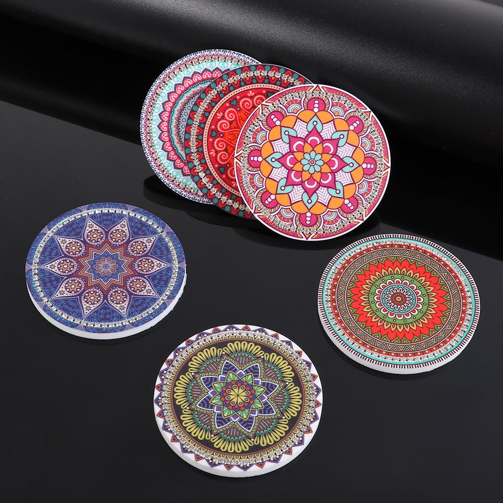 Miếng lót ly bằng cao su chống trượt họa tiết mandala đính đá trang trí nội thất ô tô