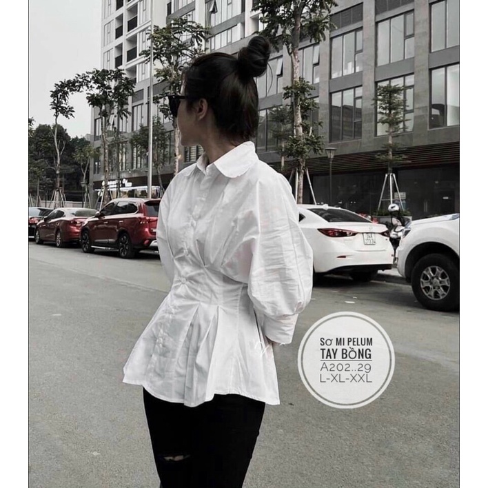 Áo sơ mi nhấn eo tay phồng nhẹ bigsize 55kg-90kg☘️☘️