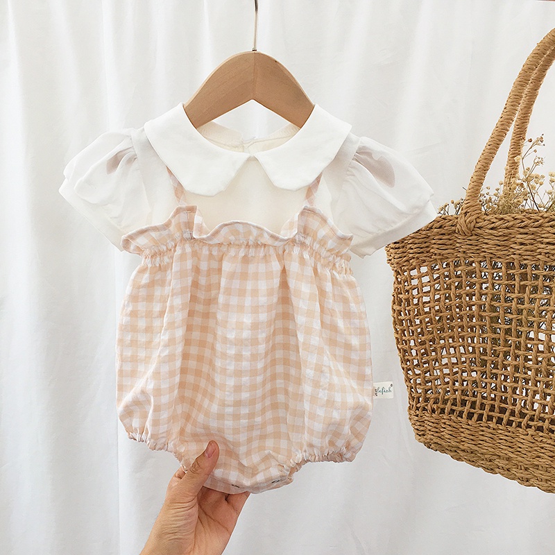 Set áo liền quần hai dây sọc caro + băng đô thời trang cho bé gái sơ sinh