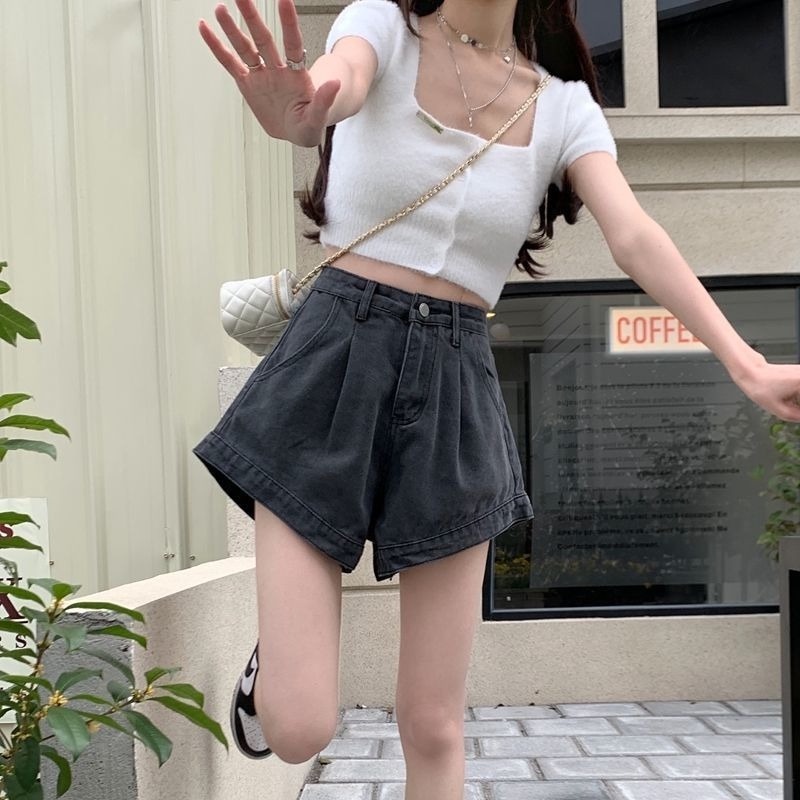 Quần Short Denim Ống Rộng Lưng Cao Màu Đen