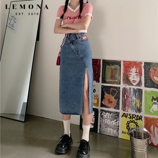 3404 | CHÂN VÁY DÀI JEANS LƯNG CAO XẺ VẠT CHÉO HUY HIỆU HÀN QUỐC