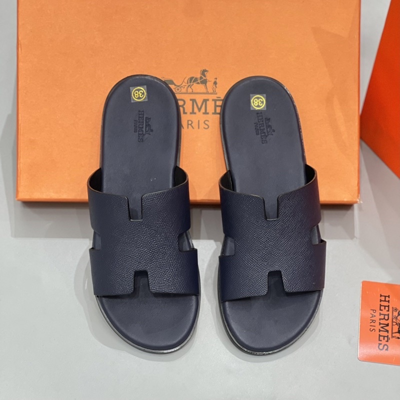 Dép lê quai da chữ H xanh than có hộp kèm - Dép quai da HM cao cấp full box