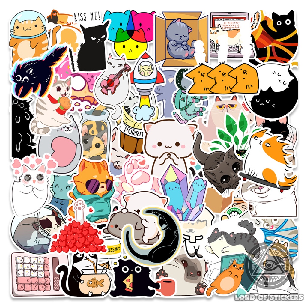 Set 50 Miếng Dán Phong Cách Hoạt Hình Mèo Cute Sticker Chibi Cat Chống Thấm Nước Trang Trí Mũ Nón Bảo Hiểm, Laptop, Sổ