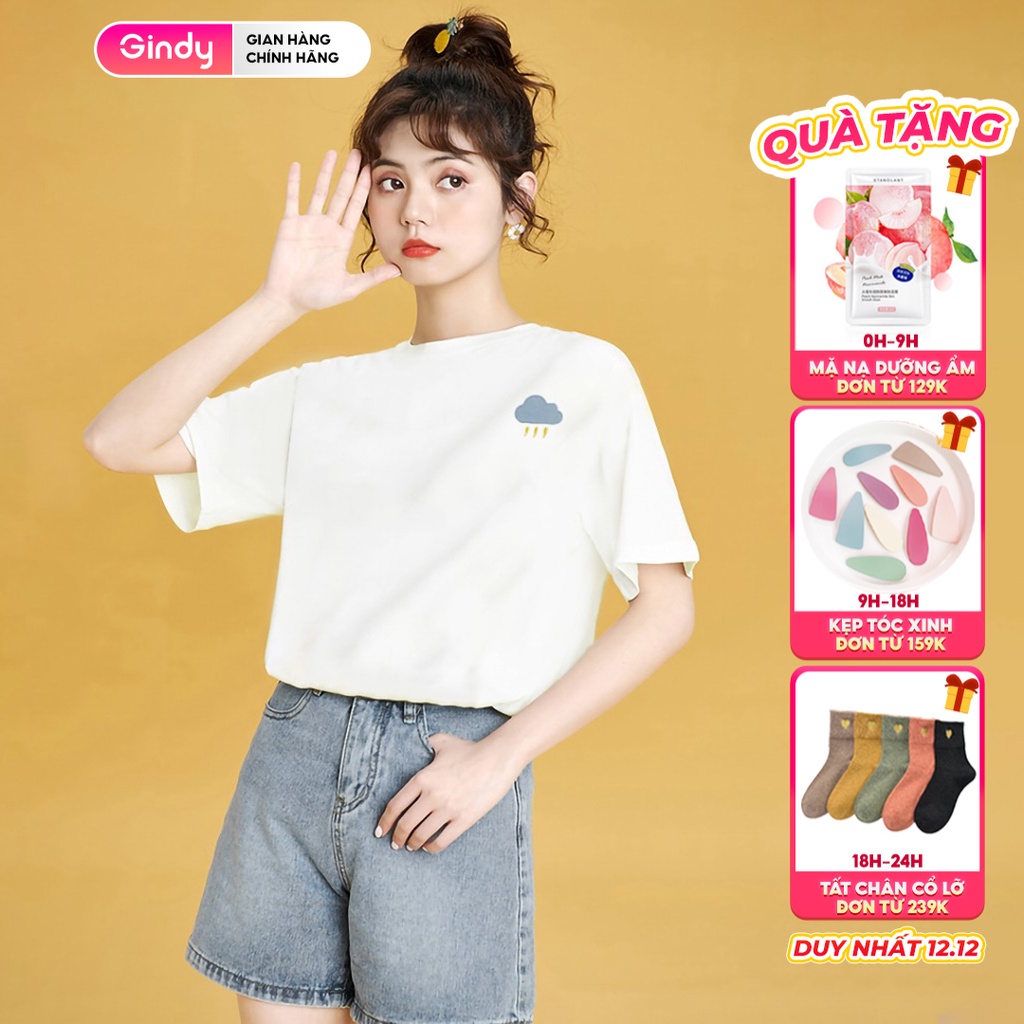 Áo phông basic nữ unisex GINDY họa tiết thời tiết cổ tròn tay lỡ unisex cotton thoáng mát thấm hút mồ hôi A20020