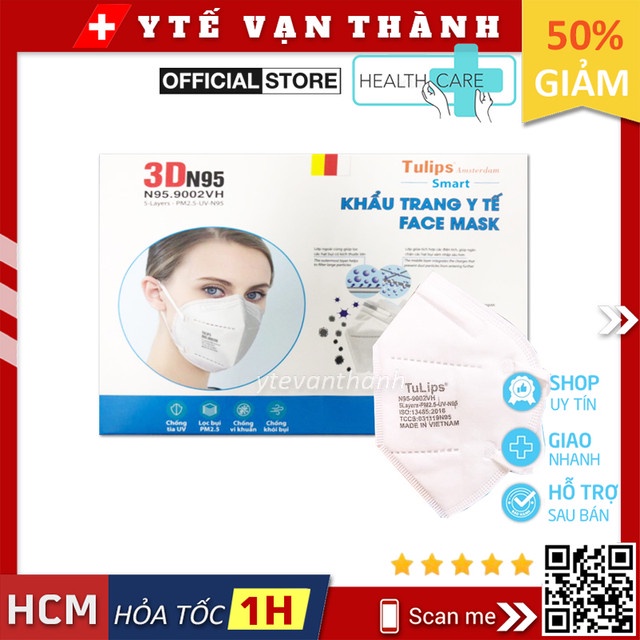 ✅ Khẩu Trang 3D N95- Tulips N95.9002VH (Không Van), Lọc Bụi PM2.5 Siêu Mịn 95% -VT0240