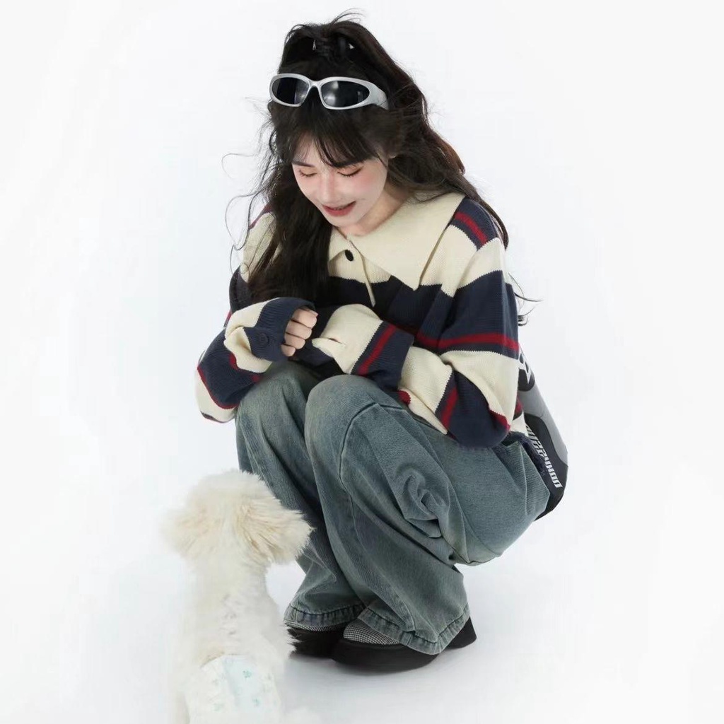 Áo Sweater Cổ polo Họa Tiết Kẻ Sọc Phong Cách Retro Mỹ Thời Trang Mùa Thu 2022 Mới