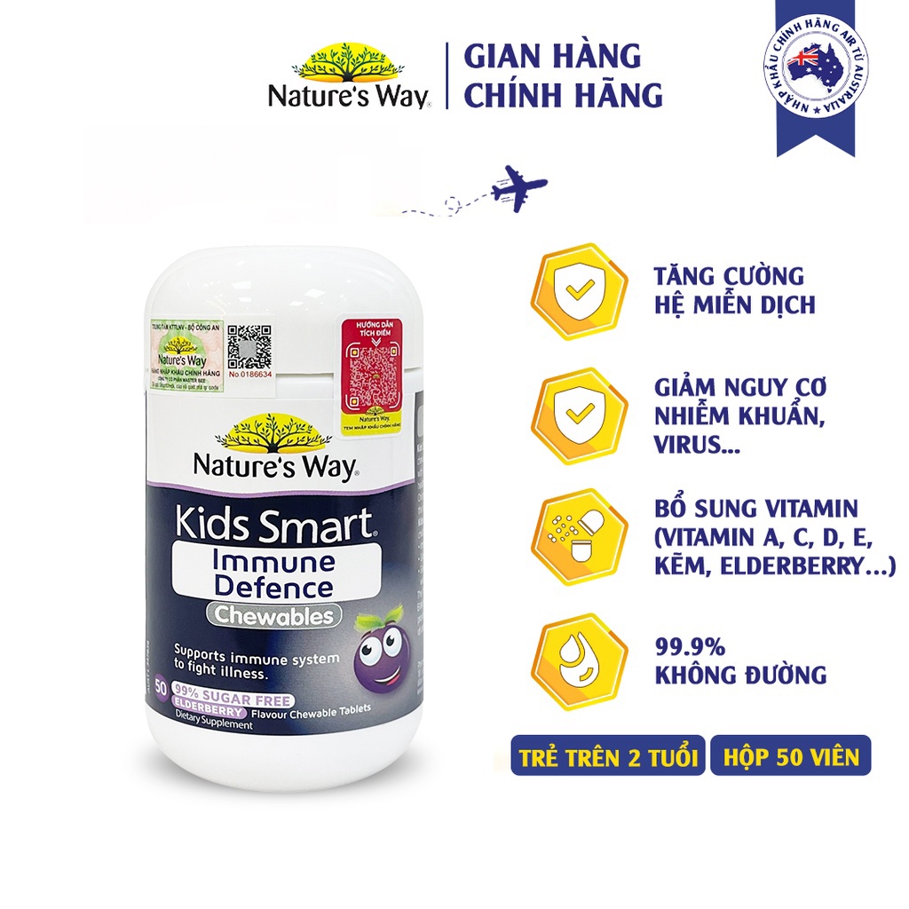 Viên Nhai Cho Bé Nature’s Way Kids Smart Immune Defence Chewables Tăng Cường Miễn Dịch Và Sức Đề Kháng 50 Viên