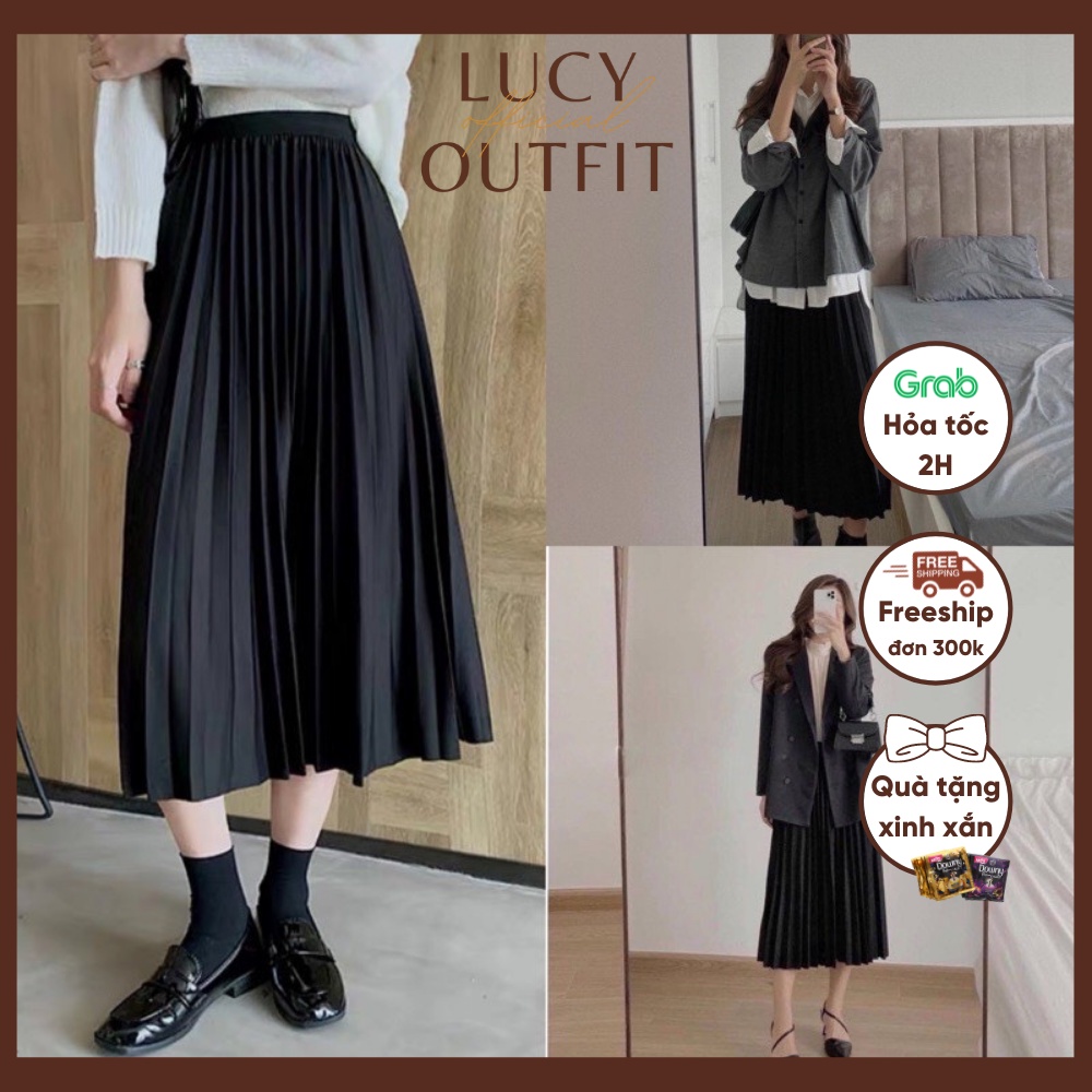 Chân váy xếp ly dáng dài nhẹ nhàng Hàn Quốc Midi xếp li đen trơn công sở Lucy Outfit thiết kế