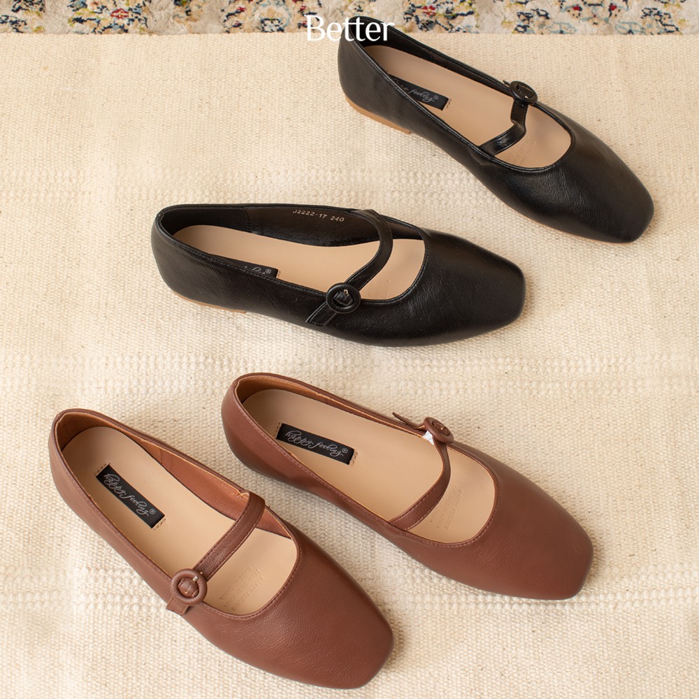 Giày búp bê bệt Mary Jane da sần đen đỏ đun 240819002 Better Shoes