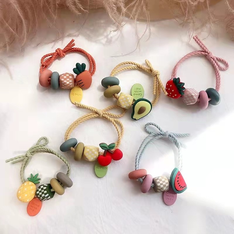 Dây Buộc Tóc Da Cao Su Co Giãn Đính Hạt Nhiều Màu Hình Trái Cây Thời Trang Cho Nữ