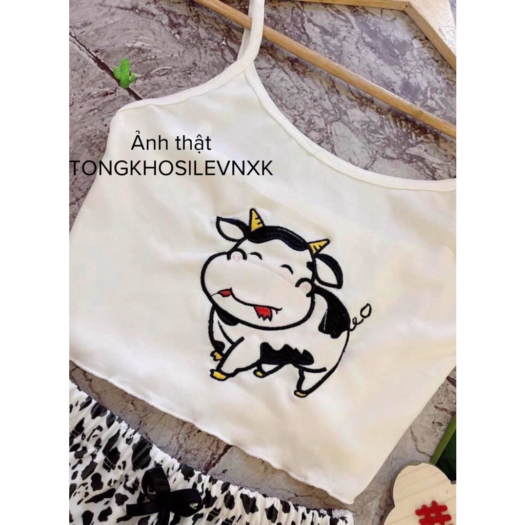 Bộ Áo Croptop Bò Sữa Quần Đùi 🦋 Set Áo 2 Dây Bò Sữa Quần Sooc Sexy Ngựa Vằn Báo Đốm