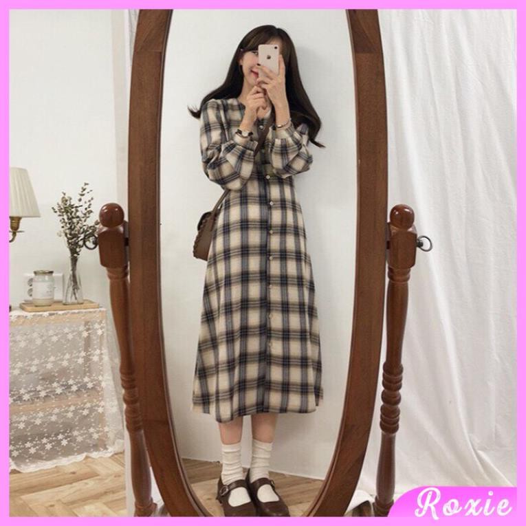 Váy ulzzang dáng dài tiểu thư cổ tim Hàn Quốc, Váy dài Vintage dài tay cổ tim phong cách ulzzang Hàn Quốc V12 - Roxie  ྇