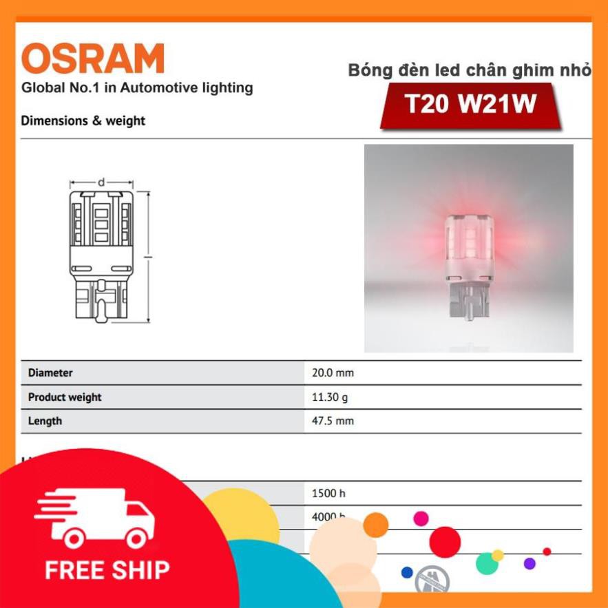 Giảm giá + Free Ship Bóng đèn led chân ghim nhỏ OSRAM STANDARD RETROFIT W21W 12v màu đỏ