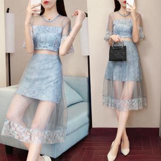 Lace Dress Korean Women's New Summer Slim Mesh Short Sleeve A-line Dress