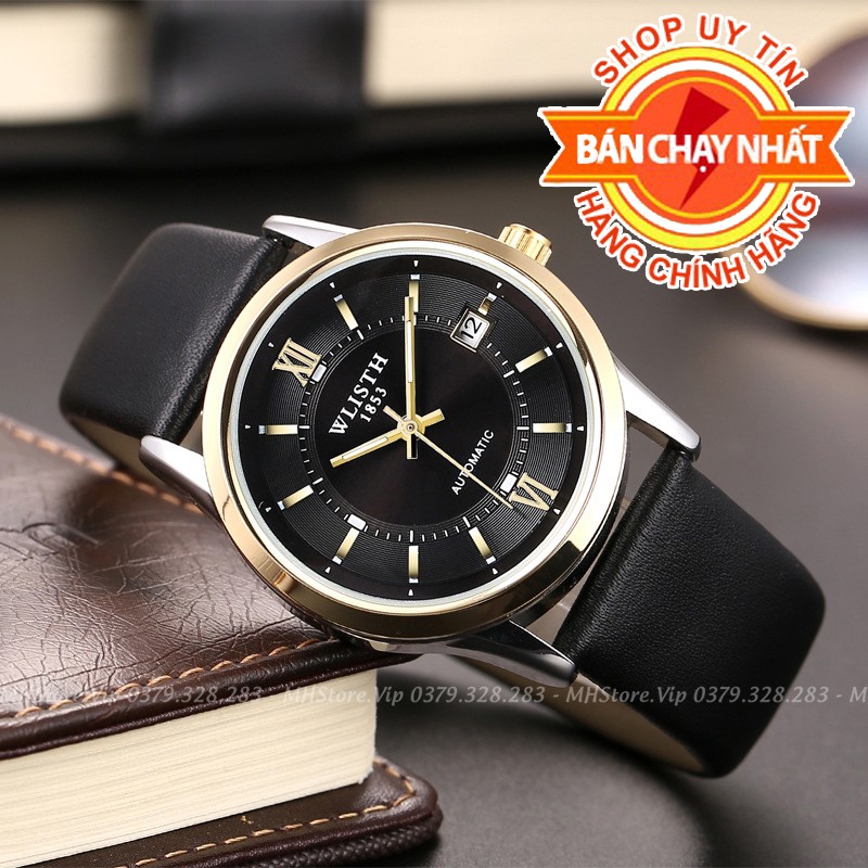 Đồng hồ nam WLISTH máy cơ, Dây Da Cao Cấp, Chống Nước, Chống Xước + Tặng kèm vòng tay may mắn