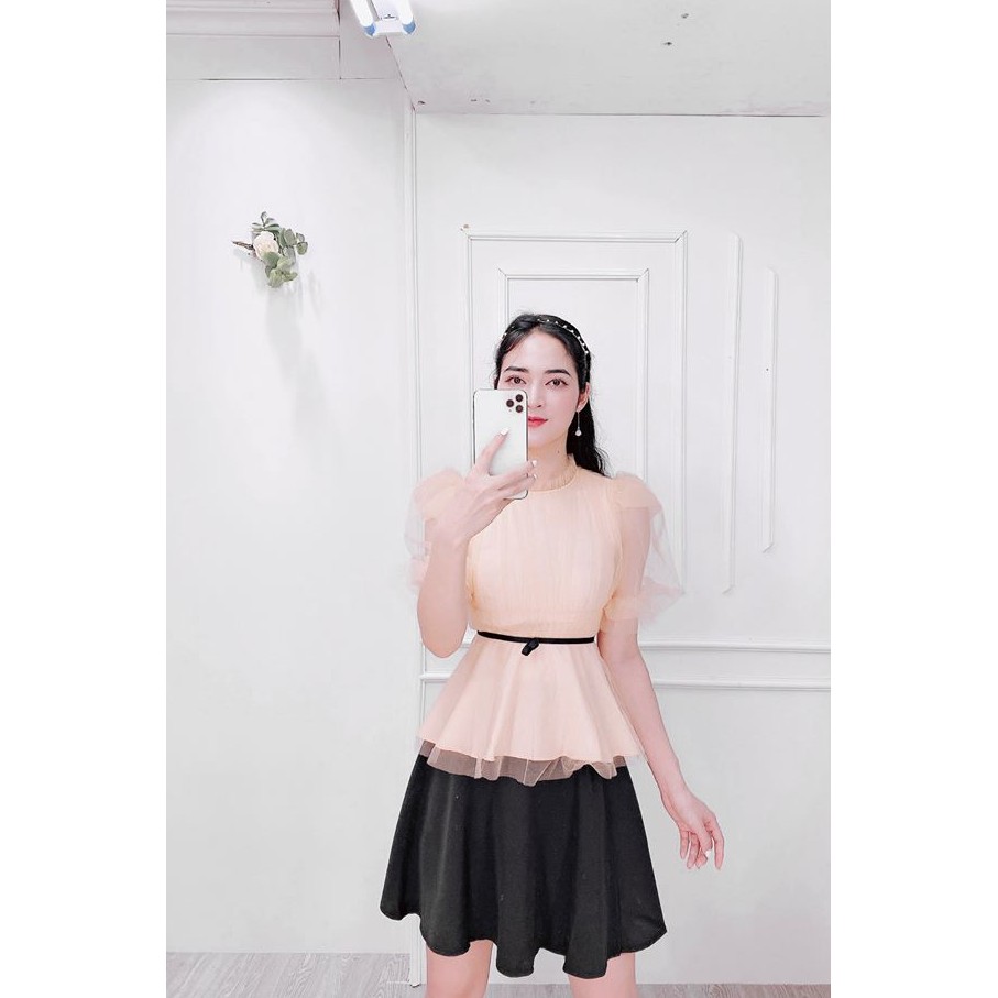 Áo phối lưới thắt eo