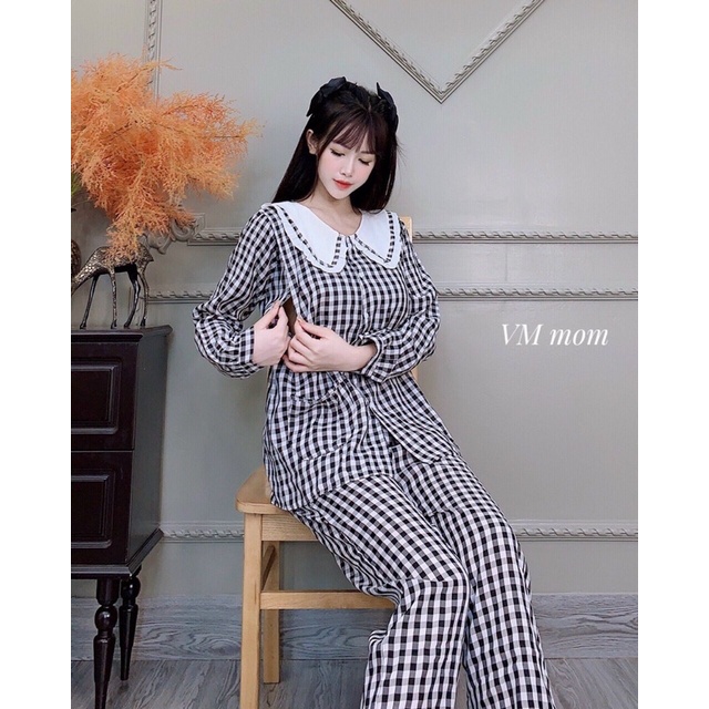 Bộ bầu kẻ ,bộ sau sinh áo khoá ti quần chun chỉnh