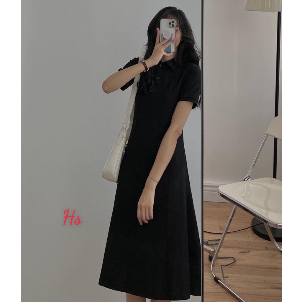 Đầm Polo Nữ Dáng Dài Cổ Bẻ Cúc Cài Váy Cộc Tay Nữ Trơn 2 Màu
