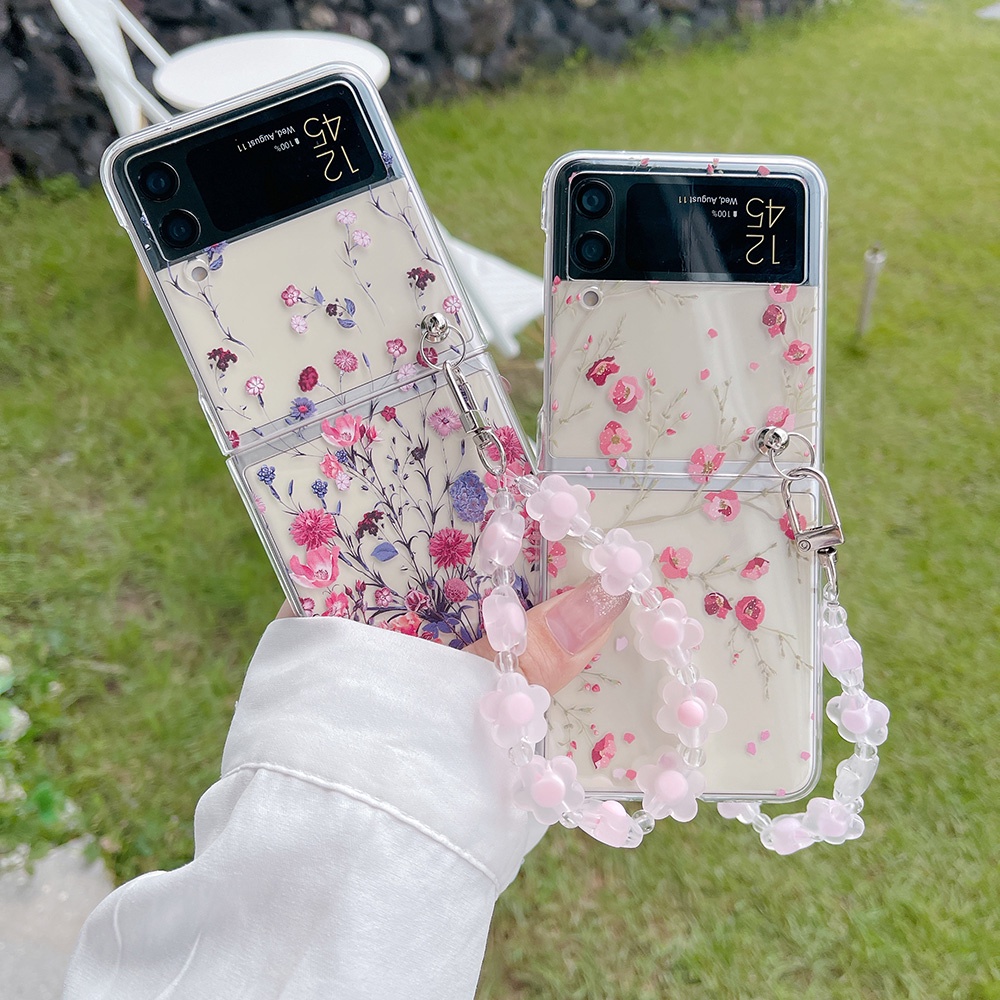 Ốp Điện Thoại PC Cứng Trong Suốt Họa Tiết Hoa Mận Dễ Thương Có Dây Vòng Tay Cho Samsung Galaxy Z Flip3 4 5G