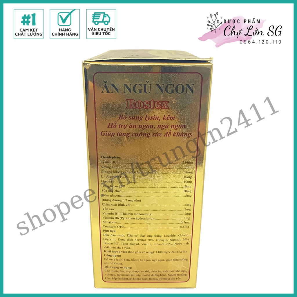 Viên ĂN NGỦ NGON ROSTEX bổ sung lysin, kẽm loại bỏ mất ngủ, căng thẳng, stress  - 60 viên