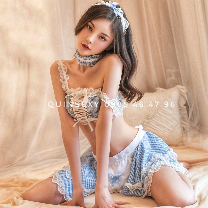 Cosplay sexy hầu gái - Bộ đồ lót nữ sexy gợi cảm - Set đồ cô hầu gái trễ vai kẻ caro xanh CL066