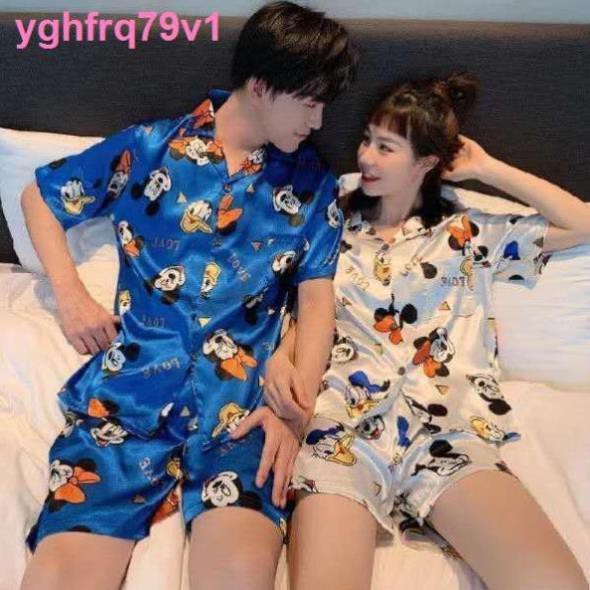 đồ lótQuần lótthời trangCouple pyjama nữ mùa hè băng lụa ngắn tay mỏng phiên bản Hàn Quốc của lưới màu đỏ nam gi ❕