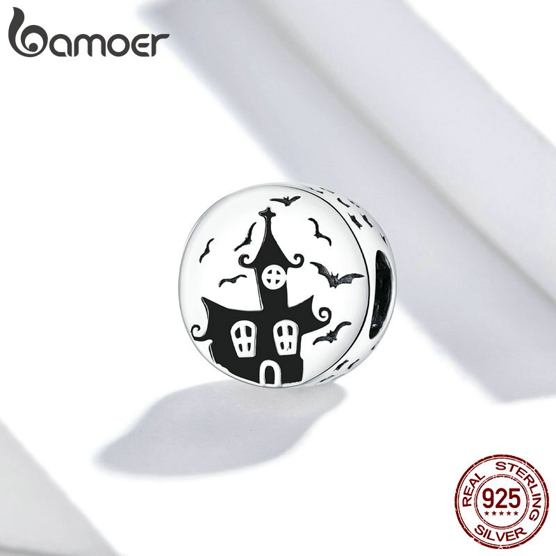 Hạt charm Bamoer SCC1615 mạ bạc 925 in hình lâu đài ma trang trí vòng tay thời trang cho nữ