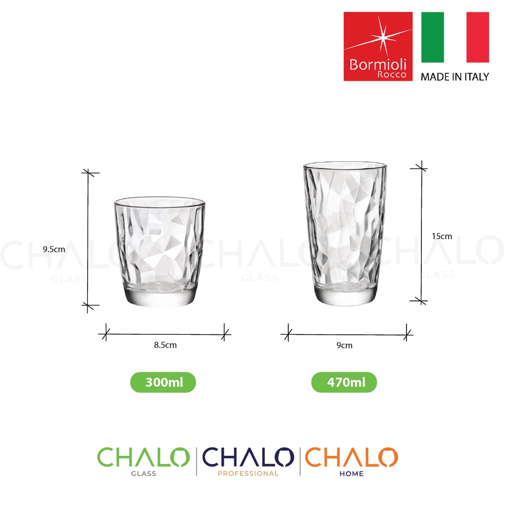 Ly thủy tinh kim cương Bormioli Rocco Diamond 300ml ~ 470ml - Nhiều màu sắc