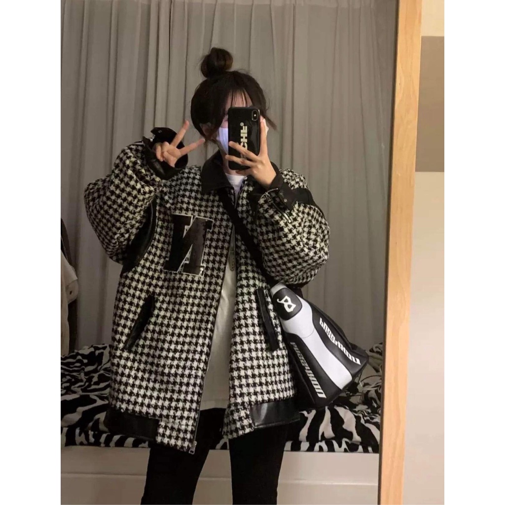 Áo khoác dạ tweed bomber 3D chữ N kẻ caro from rộng dài tay cổ bẻ phối da Ulzzang Unisex nam n | BigBuy360 - bigbuy360.vn