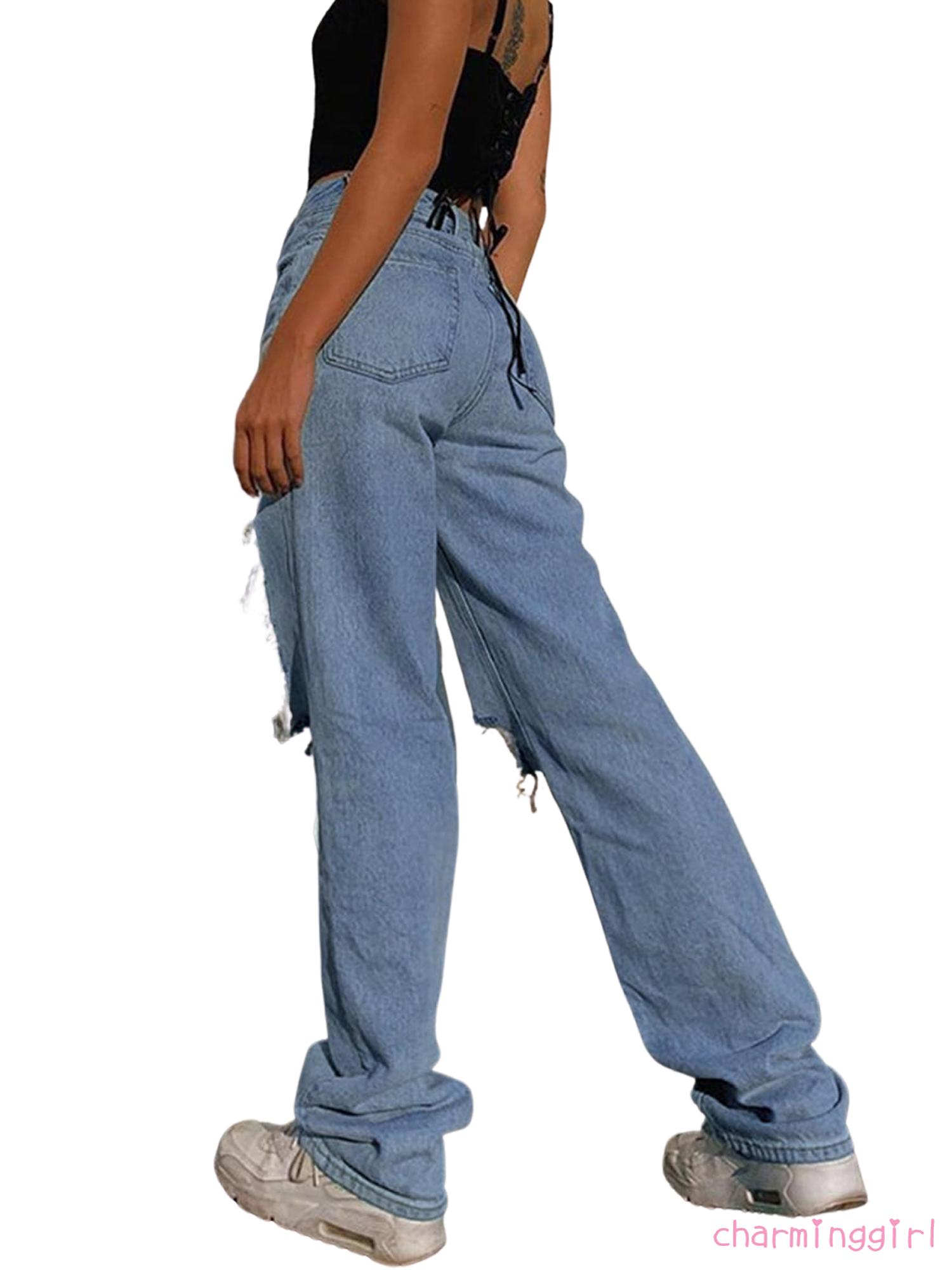 Quần Jeans Dài Lưng Cao Phối Vết Rách Cá Tính Cho Nữ | BigBuy360 - bigbuy360.vn