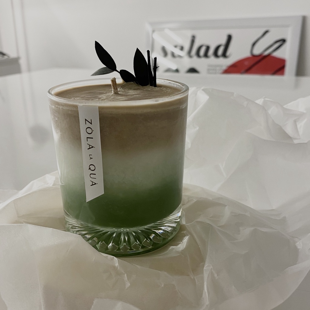 Nến cốc sáp đậu nành smoothie 3 lớp, trang trí lá xanh