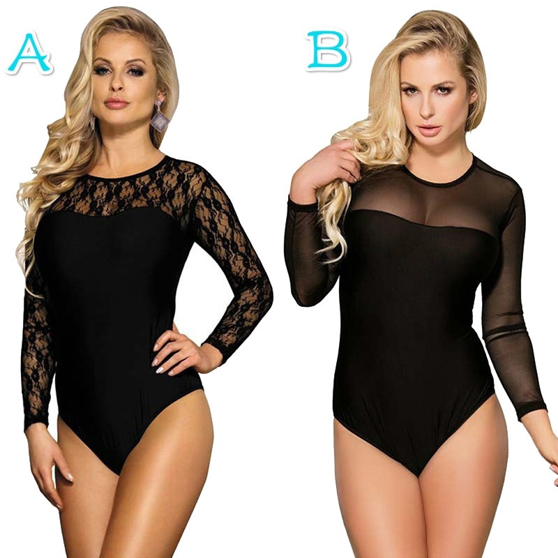 Women Sheer Black Mesh Lace Bodysuit Round Neck Long Sleeve Leotard