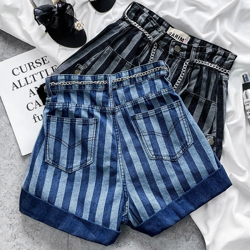 Quần Short Denim Lưng Cao Phối Sọc Dọc Plus Size 3XL Thời Trang Cho Nữ 95853