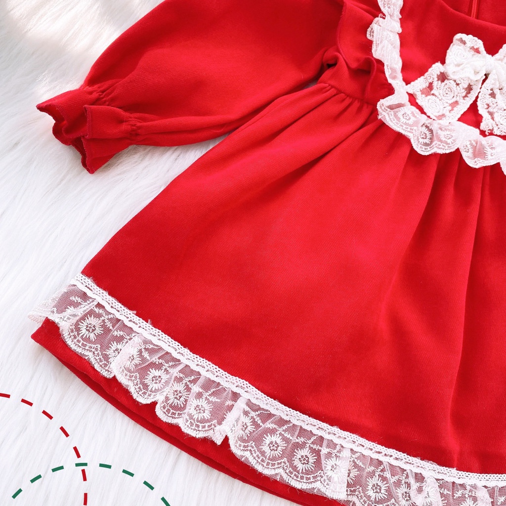 Váy dài tay bé gái nhung đỏ dễ thương MINTSCLOSET Mint's Closet tay phồng cổ tròn 3 4 tuổi - GV0019