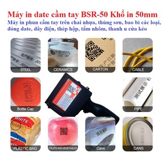 Máy in date cầm tay BSR-50 Khổ in 50mm Máy in phun cầm tay trên chai nhựa, thùng sơn, bao bì các loại, đóng date