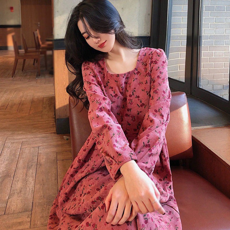 Đầm Tay Dài Hoạ Tiết Hoa Thời Trang Thu Đông Cho Phái Nữ