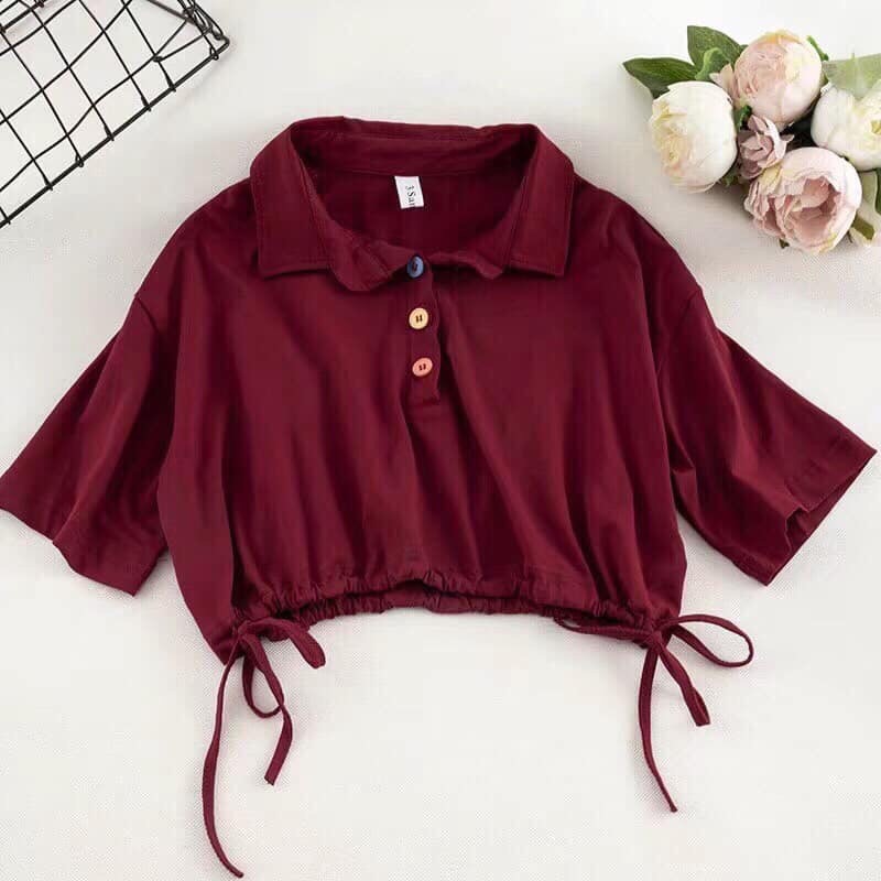 Áo Thun Có Cổ Form Croptop Phối Rút Eo Kèm Thắc Nơ Hai Bên Mẫu Mới Cực Cá Tính TTS0674