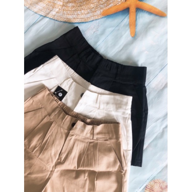 Quần sooc ống rộng khoá chun lưng chất kaki