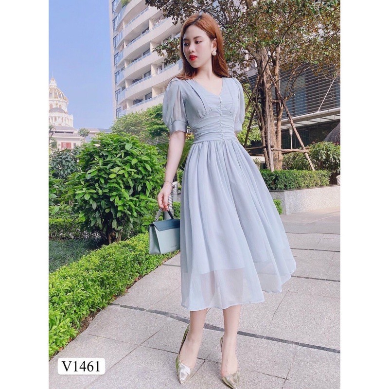 ⚡️CAMILLA⚡️Đầm voan xanh 2 lớp đính cúc ngọc