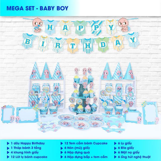 Set giấy mega trang trí sinh nhật siêu anh hùng, minion, heo peppa, MC Queen, baby boy, hoàng tử