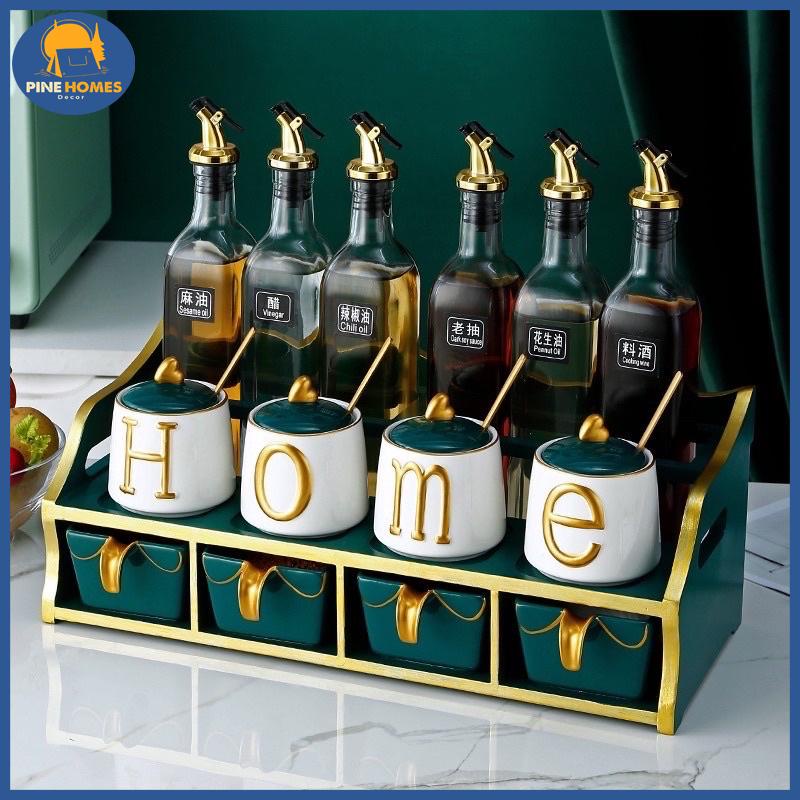 Bộ Đựng Gia Vị Chữ HOME Viền Vàng Cao Cấp 15 Món