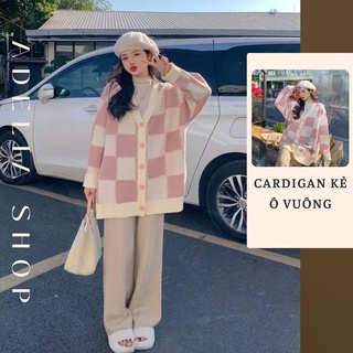 Khoác Len Ô Vuông | Áo Cardigan Nữ Len Dệt Kim Dài Tay Cổ V Dáng Rộng Họa Tiết Kẻ Vuông Hàn Quốc, Hàng Quảng Châu