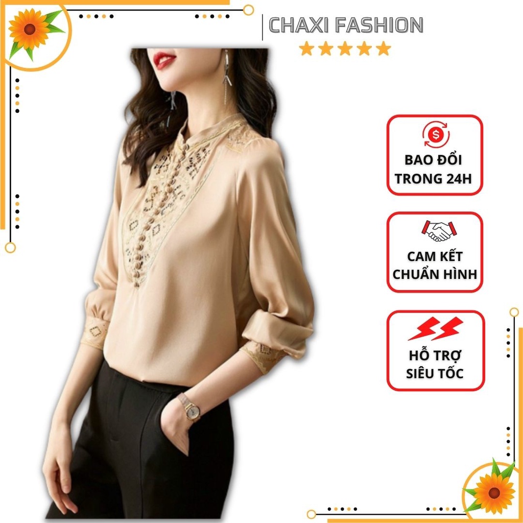 HÀNG NHẬP - ÁO SƠ MI LỤA CỔ TRỤ ĐÍNH NÚT BỌC PHỐI REN - KBT155350