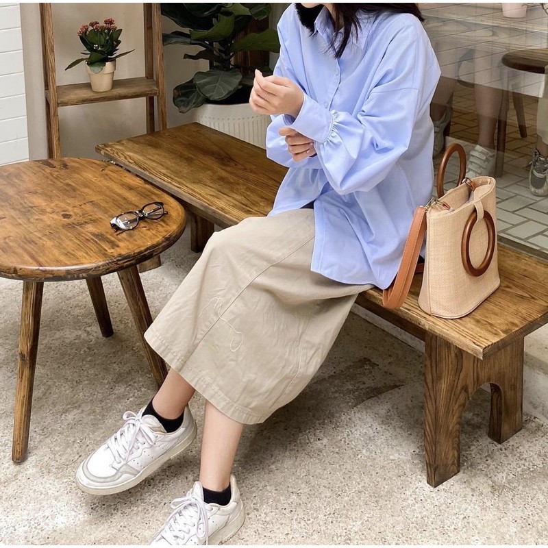 Chân váy dài kaki màu be xếp ly - Bebe Long Skirt