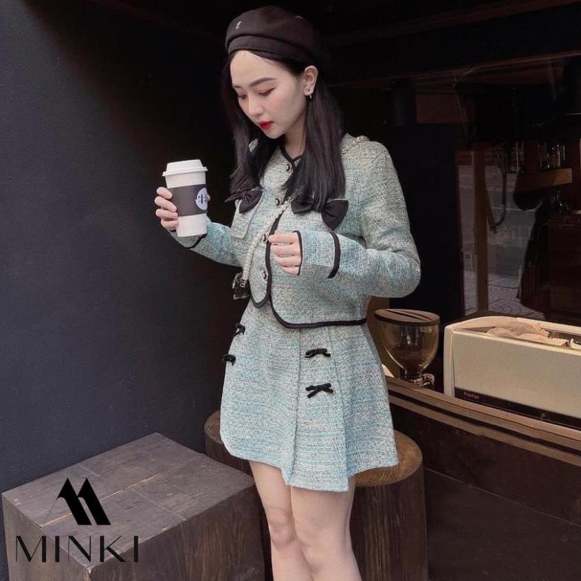 SET ÁO VIỀN ĐEN TÚI NƠ NGỰC VÀ CHÂN VÁY - CHẤT LIỆU CAO CẤP - MÀU HỒNG / XANH