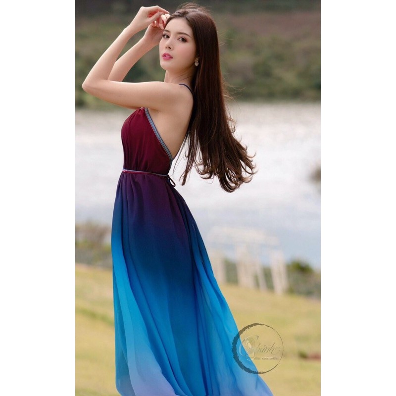 [CÓ HÌNH THẬT] ĐẦM MAXI LOANG OMBRE CỔ YẾM HỞ LƯNG SIÊU ĐẸP
